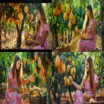 **<https://s.mj.run/SHLgS_icw_Y> The scene depicts a young, beautiful white woman, aged between 20 and 28 years, with long blonde hair. She is wearing a bright pink floral dress and sitting in an orchard, gently plucking a ripe fruit from a tree. The tree is filled with large, tropical fruits, possibly mangoes or avocados, hanging from the branches. The woman is smiling softly as she looks at the fruit she has just picked, holding it in one hand, while her other hand gently holds a fruit already collected. Next to her, on the ground, is a woven basket, partially filled with more fruit. The warm golden sunlight filters through the leaves, creating a peaceful, tranquil atmosphere in the orchard, where rows of trees stretch into the background. The woman appears to be enjoying the harvest, her beauty and joy adding a personal and lively touch to the serene scene. --ar 16:9 --v 6.0** - <@1394581184469794836> (relaxed)