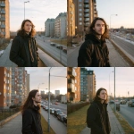 **young adult man with long brown hair is standing on a walkway at a far distance away from the viewpoint which is located on the street by the city sidewalk curb of an apartment complex, position the camera 90° to the right** - Remix (Strong) by <@617438927111979019> (fast)
