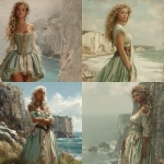 **a fantasy white girl with tanned olive skin and curls in dirty blond hair to her waist. She wears a tea length dress in soft sea foam green with cream color accents. She stands before a tall cliff by the sea and looks like a model. She should look drawn by an artist and realistic and perfect. It should be very fantasy pirate inspired.** - <@1409384572613034007> (fast)
