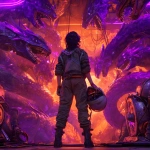 **cyberpunk mechanical snake den with angry chrome snakes with many sharp teeth, neon purple and orange theme. cyberpunk woman standing in foreground with back to camera, holding a pilot helmet** - Image #4 <@820024234734518302>
