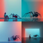 **a woman sits on the floor with her legs crossed, next to an enormous black spider sitting at attention in front of her, against a white wall, in a minimalistic digital art style, with pastel colors and a red and blue gradient lighting, in the style of christopher balaskas.** - <@1282363709964025901> (fast)