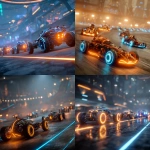 **A futuristic, high-detail scene of multiple unique robots resembling cars with wheels, racing on a high-tech competition track. The robots have intricate designs and are glowing with vibrant orange and blue light lines, creating a dramatic glow-in-the-dark effect. The background is a detailed, atmospheric, small-scale robot competition arena with futuristic lighting and a dynamic sense of motion. cinematic lighting, 8k** - <@1237654084786327583> (fast)
-# Create, explore, and organize on [midjourney.com](<https://midjourney.com/imagine?from_discord=1>)