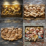 **a relief carving of 7 dwarfs drunkenly sleeping off the night after they found Snow White in her eternal slumber, vibrant, 8k, 3D, projected onto a brick wall** - <@735147994395050104> (fast)