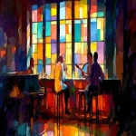**people playing bossa nova, in a jazz club in Harlem renaissance, seated on a mahogany stool, at sunset, in abstract art by leonid afremov, alcohol ink and gouache style, stained glass --ar 16:9 --v 7.0** - Image #3 <@1054482006731395092>