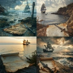 **a tattered parchment from the 1700's nailed to a post near the sea with a dagger, pirate ship in the background --v 6.0** - <@815554004754235402> (fast)