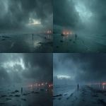 **Cinematic film still: a vast desolate beach under a dark oppressive starless sky, storm clouds heavy and low, scattered broken shipwrecks on the wet sand; a lone fragile wanderer stands small, solitary and not heroic, facing the immensity; on the far misty horizon only a few small bonfires glow, 5 to 10 fragile orange flames, irregularly placed, uneven distance, tiny human-scale campfires lit by distant companions, partially veiled by fog, warm fragile lights against the cold darkness; atmosphere tragic yet quietly utopian, silence and resilience --ar 16:9 --stylize 180 --no cities, no urban lights, no modern ships, no large fires --raw** - <@913082653043986444> (fast)
-# Create, explore, and organize on [midjourney.com](<https://midjourney.com/imagine?from_discord=1>)