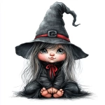 **Gothic adorable female gnome. Wearing all black ,sliver and red. Her witches hat is pulled down over her eyes. Her little button nose just peeking out from under the hat. Fine line drawing, airbrush design, watercolor, realistic cartoon rendering illustration isolated on white background --v 6.1 --s 250** - Image #3 <@807465804512886785>