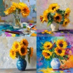 **paint impressionist with oil color and big brush strokes a vase with full of big sunflowers , light abstract back ground** - <@1133089372963602452> (fast)