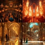 **a grand belle epoque ballroom filled with surreal characters dancers with peacock feather gowns swirling in golden Art Nouveau patterns, gentlemen in mirrored tuxedos reflecting candlelight, floating violins playing themselves, stained-glass chandeliers dripping with stars, opulent marble floors with moving mosaics dreamlike, cinematic lighting, hyper-detailed, painterly texture, Alphonse Mucha meets Salvador Dalí, 8k, richly atmospheric --chaos 55 --ar 4:3 --raw --stylize 800 --v 6.1** - <@1116566762247442494> (fast)
