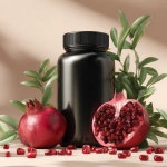 **Super realistic studio photograph of a sleek black matte supplement jar, placed in an elegant composition with a whole pomegranate, a halved pomegranate with bright red seeds, and scattered seeds around. Fresh green leaves are arranged to add a natural vibrant touch. The scene is set on a light background with soft, bright lighting, clean and modern product photography style, high resolution, shallow depth of field, sharp focus, square format, luxurious yet fresh and inviting aesthetic. --v 7.0** - Upscaled by <@1100010158496686091> (fast)