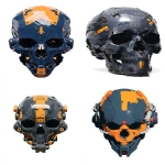 **Skull robot head, navy color and small bright orange accents and small part in navy camo, front face, sci-fi, hard gritty surface with some battle damage, rough details, design, concept art, tight, future design forms, 32k, isolated object on plain white background. --ar 3:4 --profile 21h9f3x ns4b36w --v 7.0** - <@1043498067623686144> (fast)