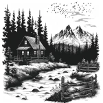 **Woodcut vector illustration of a cabin in the woods, in black ink on a white background, with a simple graphic design in the style of a woodblock print. The image has high contrast, bold lines and shapes, and a monochrome color scheme. It is isolated against a pure white background, with a sharp and clear focus. A small river flows through the scene, and mountains can be seen in the distance. The cabin is surrounded by trees, and there is a wisp of smoke coming from the roof chimney. A rustic wooden fence encloses the yard area. --ar 64:45 --v 6.0 --s 250** - Image #3 <@756269320539209761>
