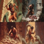 **conan the barbarian in an attack pose ready to strike a large snake in an ancient temple. Frank Frazetta style. --ar 16:9** - <@185556629561933824> (fast)
