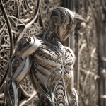 **full body ripped robotic masculine man / with exoskeleton made of forged aluminum / anodized in a stunning finish of refined silver / electrifying / great and terrible beauty / background depicts ornate complex lattice patterns of beauty and wonder / full length view --no borders, frames, grids, split screens, tiles, women, girls, females** - Image #4 <@1080572898269466724>