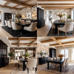 **A photo of a black large rectangle dining table in a bright and airy traditional modern dining room, wallpaper featuring vibrant earthy brown florals, natural oak ceiling beams, natural oak flooring, black console table, beige chairs, black tall cabinet in a corner, black rug, oak ceiling beams. Soft lighting illuminates the scene, highlighting details like gold accents or decorative items placed atop the tables. The photo was taken at eye level using Canon EOS R5 camera with standard lens, focusing on details and decor. --ar 4:5 --raw** - <@1230559318680670299> (fast)