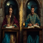 **photorealistic split composition showing two poets writing by candlelight in separate distant locations, left side shows woman poet in burgundy and teal robes with Klimt gold patterns seated at wooden desk with quill and parchment in stone chamber with arched window showing moonlit mountains, right side shows man poet in similar teal and burgundy robes with gold embroidery seated at carved desk with quill and scroll in library with arched window showing moonlit sea, ethereal golden light streams connecting the two figures across the divide, glowing words and verses floating as luminous gold calligraphy in the space between them, both poets with expressions of inspired concentration, atmosphere of sacred correspondence and transmission across distance, sense that true knowledge finds its way to those ready to receive, Byzantine gold mosaic details in both chambers, jewel tones of burgundy teal and gold, art nouveau decorative border --ar 3:2 --v 6.1 --s 850 --no text words letters writing** - Image #1 <@1122608133139857530>