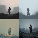 **An evocative and minimalist digital artwork, medium shot, rendered in a dark, monochromatic style consistent with previous designs, with a single muted color highlight. The composition features a silhouetted figure of a woman, draped in a subtly colored shawl, tenderly carrying a small, lifeless child in her arms. They are depicted walking amidst a desolate landscape of dark, indistinct rubble and debris, suggesting the ruins of destroyed buildings. The background is a blurred expanse of gray tones, emphasizing the bleakness of the environment. The woman's posture and the way she holds the child convey profound grief and loss. The overall mood is deeply somber and poignant, highlighting the devastating human cost of conflict and the heartbreaking reality of mothers burying their children amidst the destruction, presented with a stark and uncluttered visual approach --v 7.0** - <@1032195406119043132> (fast)