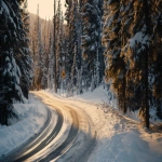 **snowy raod in the Canadian Rockies, afternoon light, icy curves winding through snow-covered pine trees, Jamaican flag painted on a sign, vintage 1980s sports film aesthetic, cinematic lighting, subtle bokeh, 35mm lens perspective, eye level perspective, crisp winter air, packed snow trails, rustic Olympic signage, nostalgic and inspirational mood, filmic color grading, inspired by Cool Runnings --v 6.0 --raw --ar 103:45** - Upscaled (Subtle) by <@1108527117265797270> (fast)