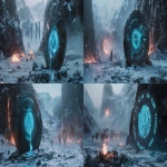 **A colossal medieval shield forged of ancient steel and ice, cracked through the center with glowing blue energy pouring from the fractures. The words "POLAR" and "FAVELA" are engraved across the front in powerful runic letters, shining with frost and arcane light. The shield is embedded deep into a stone pedestal, surrounded by snow, mist, and flying embers. Around it, an epic fantasy battlefield inspired by The Lord of the Rings warriors clashing, banners torn, explosions lighting the snowy valley beneath towering mountains. Blue energy pulses from the runes, illuminating the fog and falling snow. Cinematic lighting, cold blue mixed with warm fire glow, ultra-detailed, photorealistic, dark fantasy tone, high contrast, masterpiece composition, volumetric fog, 8K render --ar 299:131 --v 6.0 --chaos 9 --raw** - Variations (Strong) by <@593994185737240592> (fast)