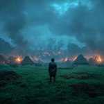 **A green field covered in fog, fire from medival huts in the background illuminate the sky, a Aknight stands center frame staring into the distance, medium shot, cinematic, the ground looks like there has just been a large battle** - Image #3 <@647094775748493312>