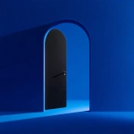 **a staged still life of a black arc door facing left on a cobalt blue seamless background** - Image #4 <@1392132639363694703>