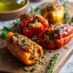 **<https://s.mj.run/LuDWu39peyE> <https://s.mj.run/-sPvWyoU1oU> <https://s.mj.run/45GmJjmodfk> Hyper-realistic close-up of whole Neapolitan-style stuffed sweet peppers (peperoni imbottiti), golden and blistered from frying, resting on a rustic kitchen countertop. The peppers are filled to the top with a mixture of bread, anchovies, herbs, crushed walnuts, garlic, tomato, and grated cheese. Some stuffing is slightly visible at the opening. A bit of olive oil glistens on the skin, and light frying marks enhance the roasted look. Warm, natural lighting from a nearby window highlights the textures and vibrant colors. Background includes a wooden cutting board, scattered herbs, and a casual Southern Italian kitchen ambiance.** - Image #1 <@1277569890588557353>