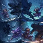 **anime art style , fantasy card art, a small female midget rogue in a purple cloak performing a feint in mid-combat his body blurs in motion as he fakes a slash to the left with a short sword, while slipping a hidden dagger low to the right. The towering fully cloaked enemy reacts to the wrong move, completely off-balance, eyes wide with surprise thrusting sword forward completely missing .The rogue has a sly grin on her face, glowing motion trails emphasize the misdirection. Cinematic anime-inspired style, dynamic angle, high detail, moody lighting.** - <@189255832385486848> (fast)