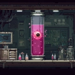 **pixel art spritesheet of high tech lab for a side scrolling game, pink embreo of baby beholder monster in water glass tube --v 7.0** - Image #4 <@758874491680981014>