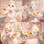 **a cute Ragdoll cat character dressed as a maid, holding an omelette rice with ketchup art shaped like a heart, pastel color palette, soft pink and cream tones, cozy cafe background, detailed anime-style illustration, gentle lighting, charming and heartwarming atmosphere, cyber-cute aesthetic, high-quality character design** - <@1142003746218463274> (relaxed)