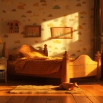 **camera low angle A cozy animated child's bedroom inspired by Pixar style, viewed from an ant's perspective (low angle), wooden floor, single wooden bed with carved headboard and footboard, orange bed cover and orange blanket, walls with soft cloud wallpaper, dog bed placed on the floor near the bed, warm golden sunlight shining through the window, no posters on the wall, whimsical and nostalgic cartoon feel --ar 4:5 --v 6.0 --stylize 80** - Image #2 <@1120671093754187910>