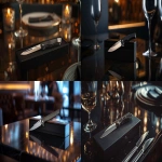 **a cinematic, high-end product photography scene set on a luxurious restaurant table, possibly glass or dark polished wood, under soft studio lighting; a sleek black rectangular gift box for a pocket knife is placed on the table at an angle, with a premium folding knife leaning elegantly against the box, the knife facing straight toward the camera in sharp focus, detailed and perfectly centered; background is softly blurred with elegant warm lighting and possibly a dancing couple in formal evening attire, evoking a romantic and luxurious atmosphere; rich shadows and highlights, high contrast, sophisticated textures, emotional and premium look --v 6.0 --ar 16:9** - <@1229456941156143146> (fast)