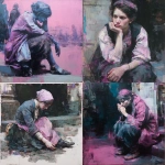 **A fast, strongly colored painting, heavily in tones of pink, white, purple-blue and black, Paris streets, Victorian era, focusing on a woman beggar, shabby, sad, dirty, begging on the street, sitting, in full screen, dark atmosphere. Painted by Jenny Saville.** - <@1106776019475636345> (fast)