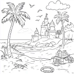 **A simple coloring page for children of A beach scene with sandcastles, palm trees, and toys coloring page for kids in a monochrome style, simple with no details. for a simple black and white coloring page, line art, thick lines, easy to color. no shading lavender** - Image #1 <@1201148944726638674>