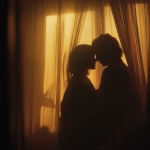 **A romantic couple sharing an intimate moment behind soft golden curtains, warmly lit by a cozy floor lamp, wrapped together in a blanket, silhouetted gently, dreamy and tender atmosphere, early morning or twilight glow, peaceful indoor setting, shallow depth of field, cinematic lighting, vintage color grading, 35mm film style, subtle grain, emotional storytelling, soft focus, style cinematic --v 7.0** - Upscaled by <@1331627685406965792> (fast)
