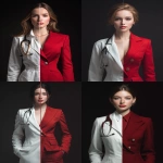 **Photorealistic portrait of a young woman standing front-facing, split symmetrically in half vertically. Left side: medical doctor wearing a white lab coat and stethoscope, calm and professional expression. Right side: high-end businesswoman outfit, an ultra-elegant red tailored suit with sharp lines, premium fabric, confident corporate posture, subtle luxury accessories. Perfect seamless split between the two halves, dramatic studio lighting, dark background, ultra-detailed textures, high-definition 4K realism, strong visual contrast between the two identities --ar 3:4 --raw** - <@525310115033645076> (fast)