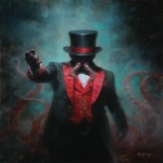 **a carnival ring master wearing a red vest and black suit with no face under his black top hat is welcoming you with his right arm to the creepy weird Lovecraftian carnival, as a front page art piece painting, --ar 8:11 --v 7.0** - Image #2 <@1035886146422583346>