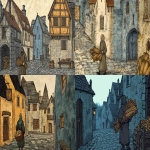 **Medieval illuminated manuscript scene depicting [ solitary man in a wool tunic and hood carrying firewood, walking toward a stone bakery; cobbled medieval street just before sunrise], flat perspective, rich saturated colors, delicate black outlines, 14th century European manuscript style, parchment texture, simplified stylized figures with pale complexions and rosy cheeks, architectural background with blue-gray walls, minimal shading, historical accuracy, --ar 16:9 --v 6.1 --raw** - <@1168965155363762248> (fast)