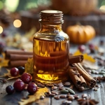 **A realistic amber glass jar of infused oil, surrounded by autumn harvest elements pumpkin seeds, cranberries, and cinnamon sticks. The jar sits on a rustic wooden table with golden autumn leaves scattered around. Warm, soft natural lighting creates a cozy November atmosphere, emphasizing gratitude and seasonal abundance. --v 6.0 --s 750** - Image #3 <@1090630909448949831>