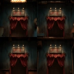 **An open retro circus curtain at night. Over the curtain is a wooden square sign board with grunge paint and missing letters. Photorealistic --ar 8:5 --v 7.0 --p 7hy8o9f** - Zoom Out by <@1124306677462745169> (fast)