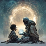**A futuristic Black elder and child seated in a circle of light, exchanging a glowing orb inscribed with ancient Kemetic glyphs and digital code. Behind them, a mural of resistance and joy--marches, drums, stars, and sacred geometry. Style: Afro-futurist, collage-inspired, bold contrast with soft lighting. Snowflake macrophotography Afrocentric futurism --v 7.0** - Upscaled by <@1071135204846096475> (relaxed)