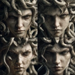 **the beautiful goddess medusa, with detailed realistic snakes as her hair. She will have a determined look in her face. --v 7.0** - Variations (Strong) by <@1238241572940943414> (fast)