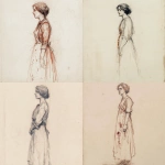 **a rustic pencil sketch of a women from 1918. the woman is wearing a nightgown and is turned facing to the left. she hs a vacant stare, with dark red stains visible on her nightgown. very simple scene with little to no background. main focus on the woman, with her full body visible in the drawing. drawing should not be overly detailed. sketch should feel period appropriate for 1918. --s 50** - <@461803524808900618> (fast)