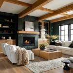 **editorial photo of a cozy moody living room with ribbed glass-fronted and oak ribbed shaker cabinetry with brass sleek cylindrical handles, an exotic forest green granite fireplace with bold veins, white modern sofa and accent chairs, large ribbed oak coffee table, beige knitted throw blankets and throw pillows, black ribbed round end tables, Natural oak plank flooring with a traditional light green rug, oak ceiling beams. ARRIFLEX 35 BL camera, high definition quality, Canon K35 Prime Lens, bright and airy --ar 4:5 --raw** - Image #2 <@1230559318680670299>