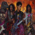 **heavy metal glamrock reptilian 80s hair bandsaw sawing through electric guitars, sparks and debris flying everywhereas the band plays "down with the thickness" --p djcuvnt --ar 4:3** - Image #1 <@948741381743083580>