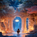 **A cat riding her fierce horse-sized woman, Ancient ruins rock-carved relief fresco in lush jungle swamp, the blue moon is giving a ghostly hazy shine from above. --p qrlk6zp 6hc66x1 --ar 9:16** - Image #3 <@639231094968942592>