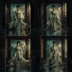 **Dramatic I Ching Tarot illustration inspired by Hexagram 54, Thunder over Lake (Guimei). Ancient China setting, symbolic and poetic atmosphere. A very young bride in traditional Chinese clothing stands boldly at the entrance of a noble household, her posture confident yet slightly reckless. Her expression shows innocence mixed with impulsiveness, suggesting an unbalanced, unconventional marriage. A powerful contrast between thunder in the sky and a calm lake below, symbolizing sudden action and unstable harmony. Cinematic lighting, flowing fabrics, dynamic composition, emotional tension, mythological tarot style, painterly details, no text, no modern elements.** - Variations (Subtle) by <@1116227797552214016> (fast)