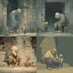 **a wrinkled, very old and grotesquely ugly man with a large child-like head, human-sized, lives in a ruin and guards a treasure, simple, muted colors, reinhardt michl, --v 7.0** - <@572882080099467274> (fast)
