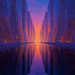 **In synthwave style, a geometricly perfect and verticly mirrored cityscape featuring the colors orange and purple** - Image #1 <@594933744490774529>