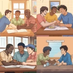 **Ghibli style graphic of a diverse group of 3 male college roommates cheerfully creating a roommate agreement together at a table. --v 5.0** - <@1090435486935433258> (fast)