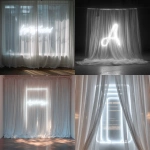 **a white neon sign behind a medium transparency white curtain, minimal, bright,** - <@1042869441119137813> (fast)